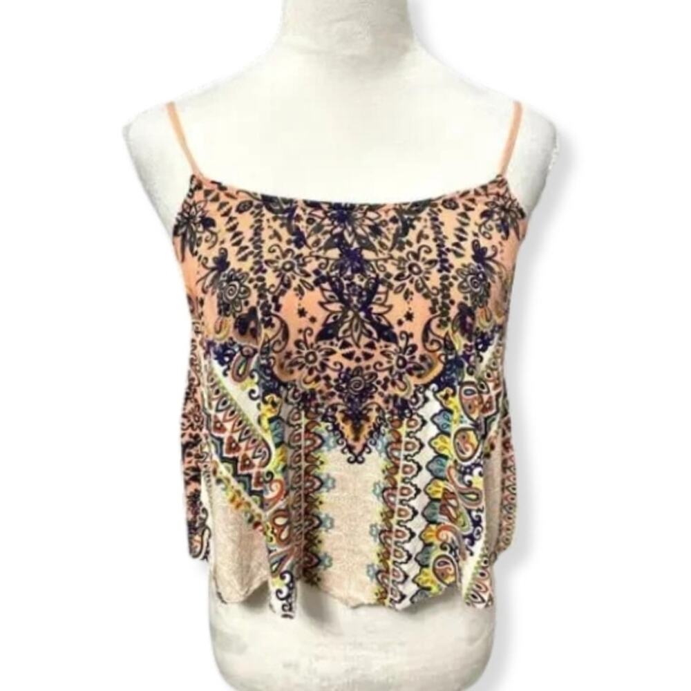 Eyelash Camisole Top Geometric Print Scoop Neck Spaghetti Straps Multicolor W XS